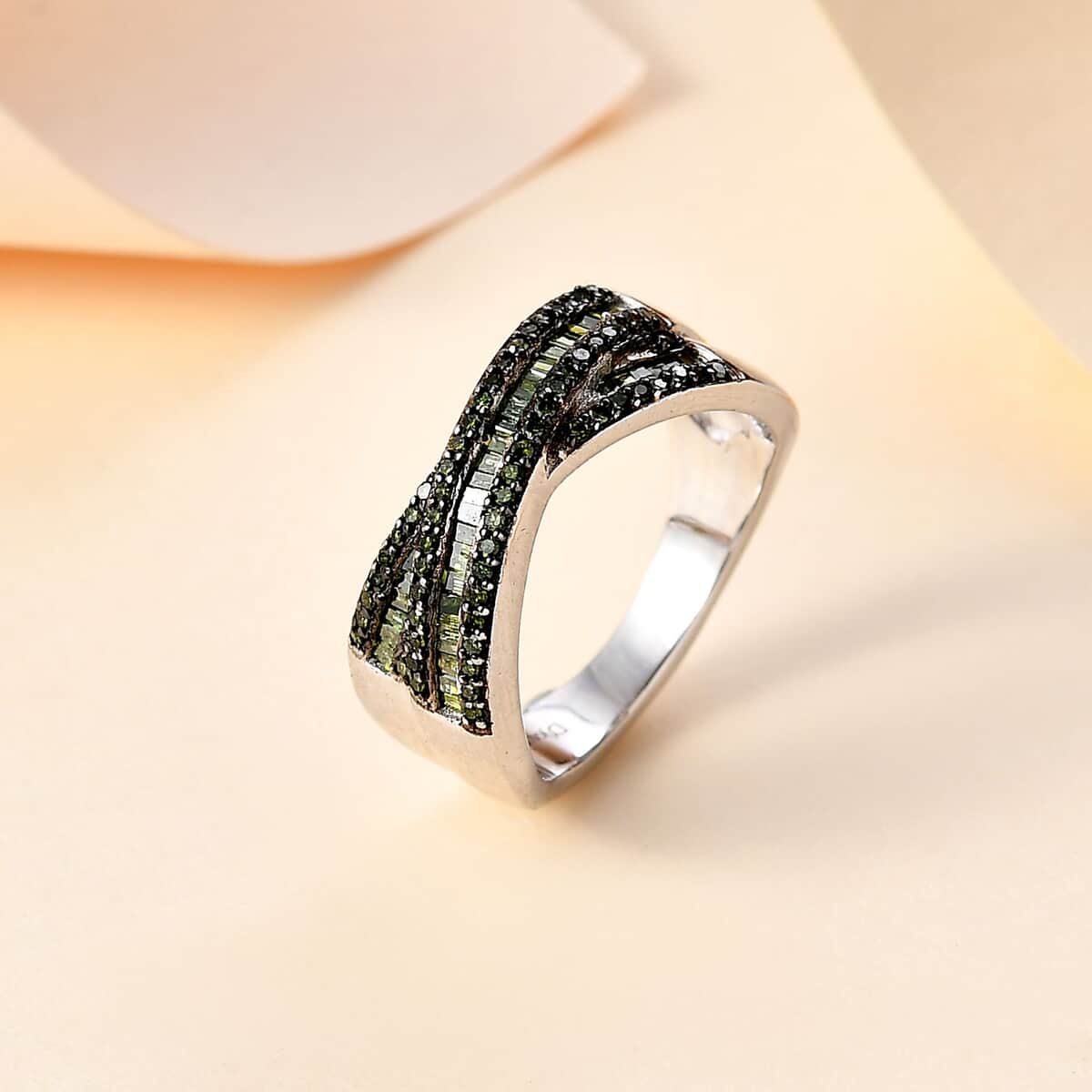 Green Diamond Ring in Rhodium Over Sterling Silver (Size 10.0) 0.50 ctw image number 1