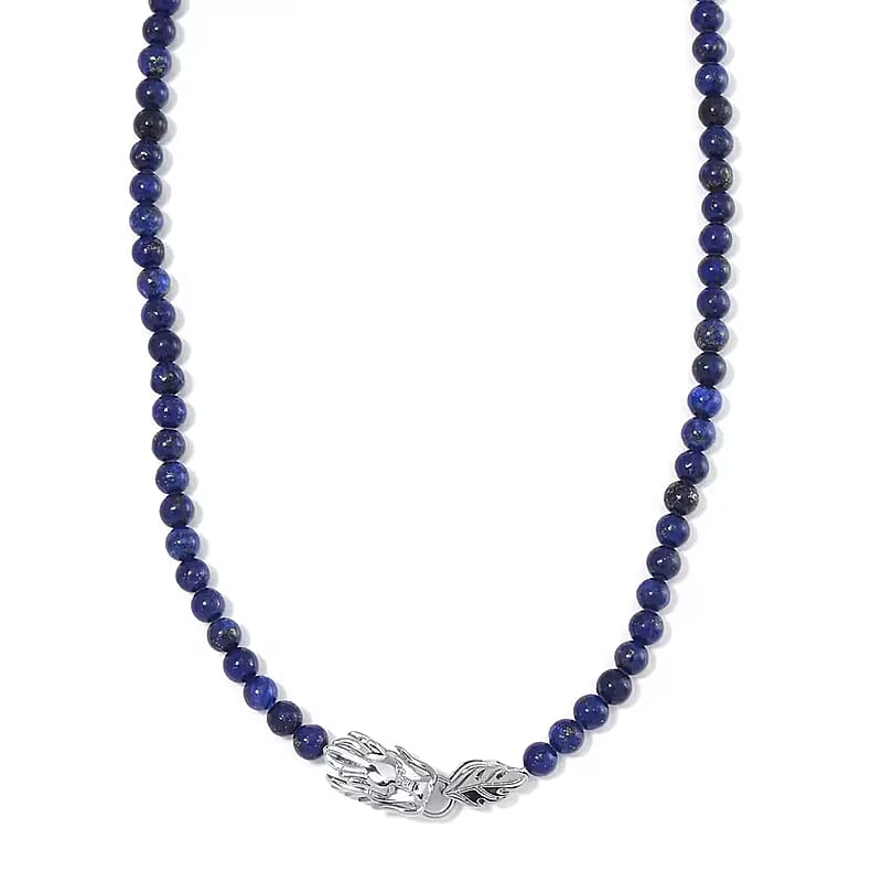 Lapis Lazuli 8mm Beaded Dragon Necklace (20-22 Inches) in Stainless Steel
