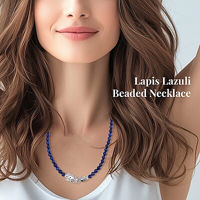 Lapis Lazuli 8mm Beaded Dragon Necklace (20-22 Inches) in Stainless Steel