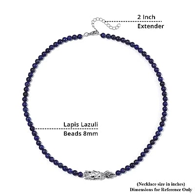Lapis Lazuli 8mm Beaded Dragon Necklace (20-22 Inches) in Stainless Steel