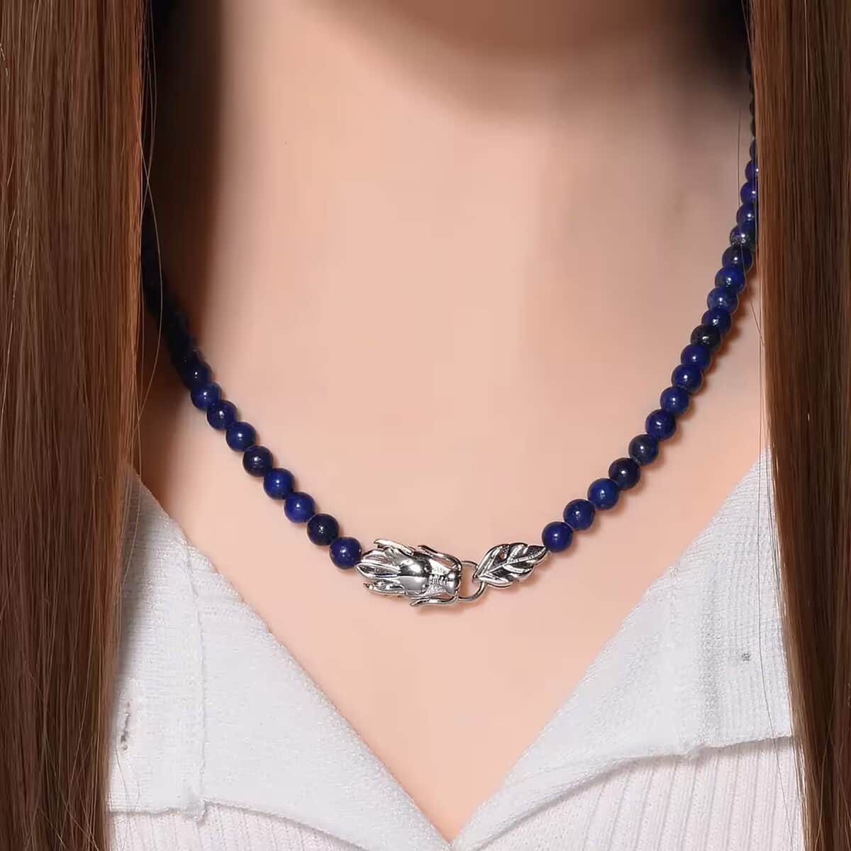 Lapis Lazuli Beaded Necklace with Dragon Clasp 20-22 Inches in Stainless Steel 150.00 ctw image number 7