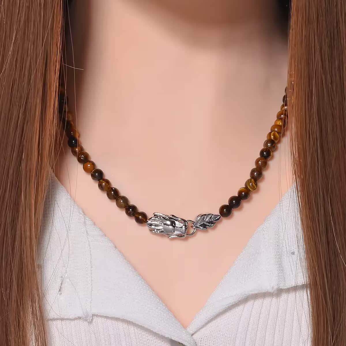 Yellow Tigers Eye Beaded Necklace with Dragon Clasp 20-22 Inches in Stainless Steel 150.00 ctw image number 7