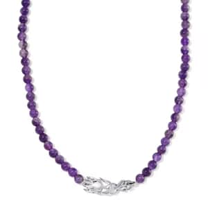 African Amethyst Beaded Necklace with Dragon Clasp 20-22 Inches in Stainless Steel 150.00 ctw