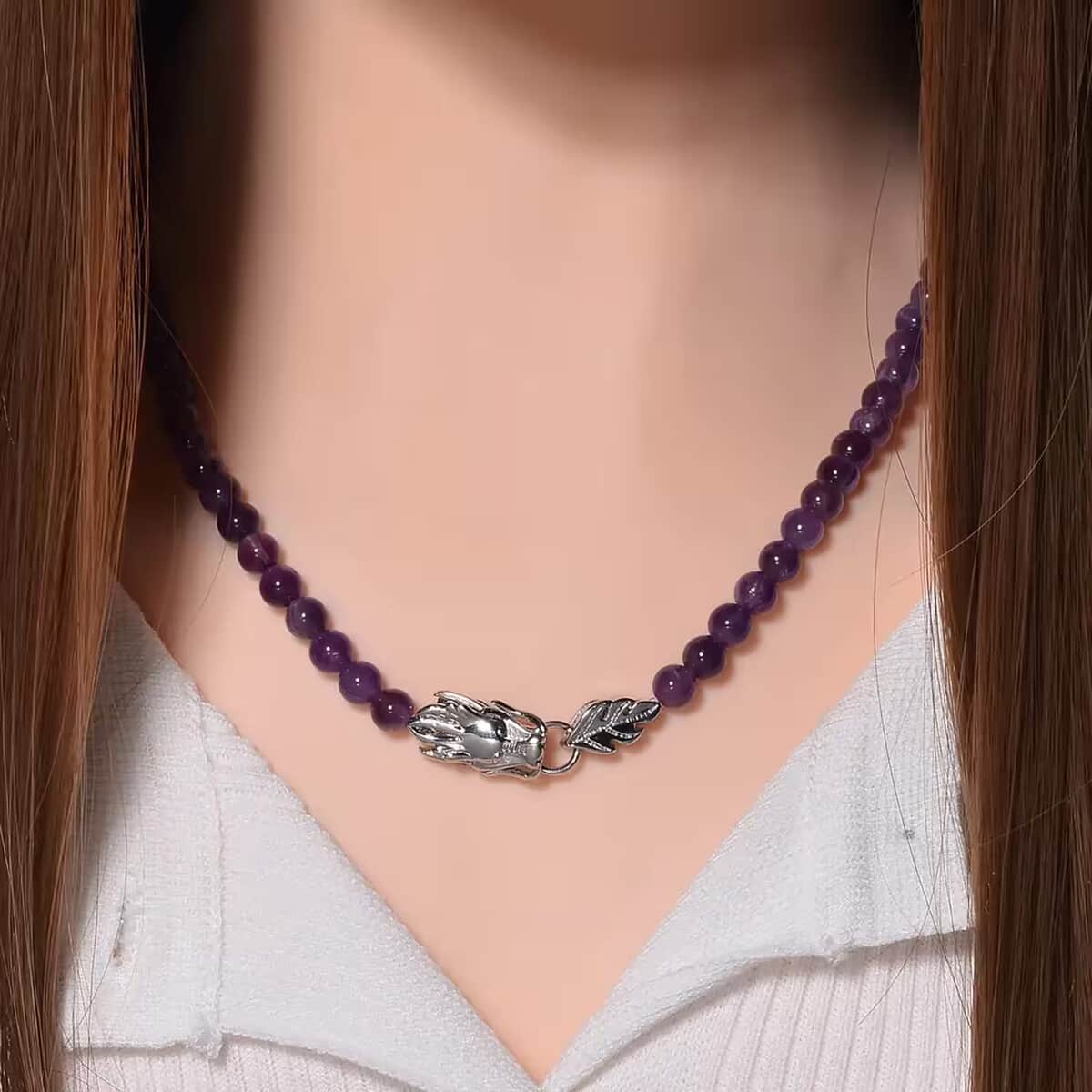 African Amethyst 5-7mm Beaded Dragon Necklace (20-22 Inches) in Stainless Steel 150.00 ctw image number 7