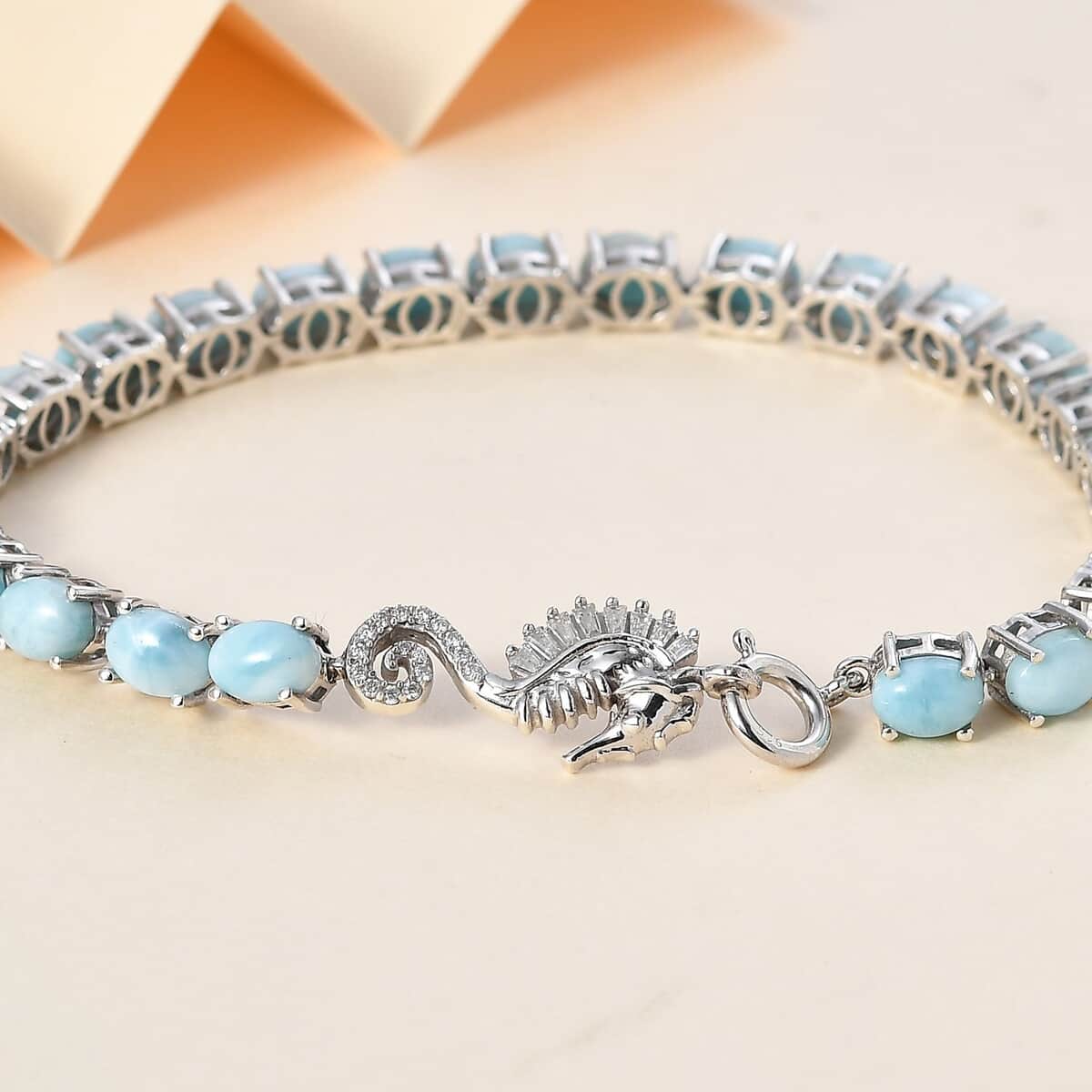 Larimar and Moissanite Seahorse Tennis Bracelet in Rhodium Over Sterling Silver (7.25 In) 20.00 ctw image number 1