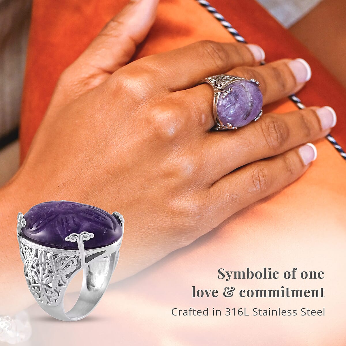 Hand Carved African Amethyst Dragon Flower Ring in Stainless Steel (Size 6.0) 5.00 ctw image number 2