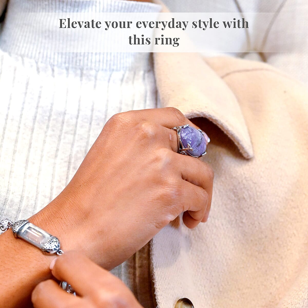 Hand Carved African Amethyst Dragon Flower Ring in Stainless Steel (Size 6.0) 5.00 ctw image number 3