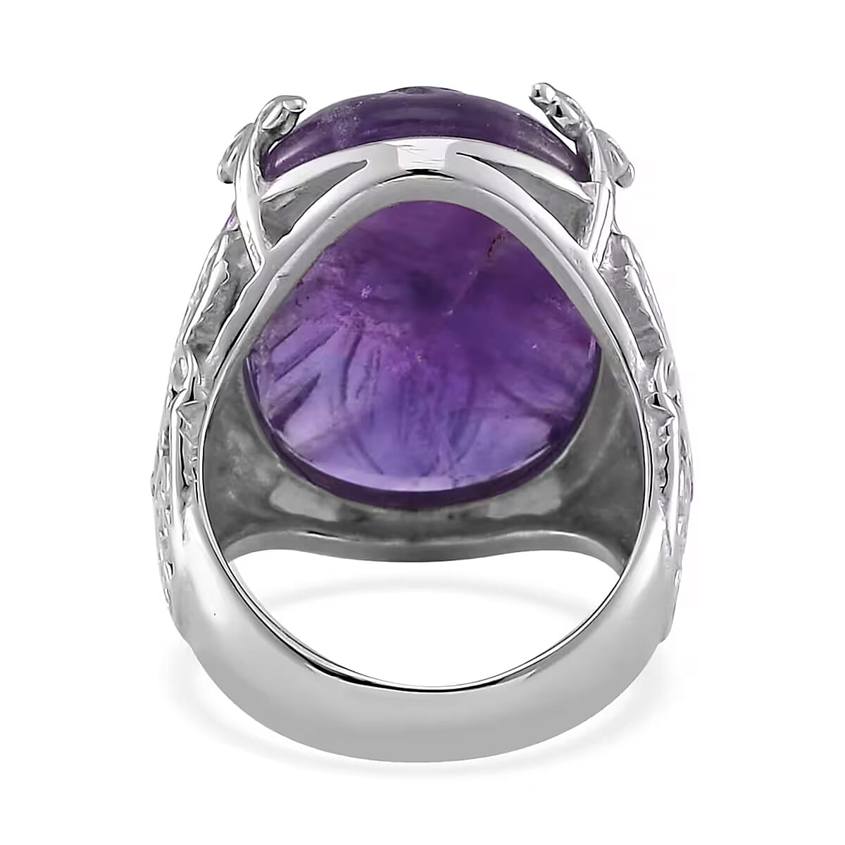 Hand Carved African Amethyst Dragon Flower Ring in Stainless Steel (Size 6.0) 5.00 ctw image number 5