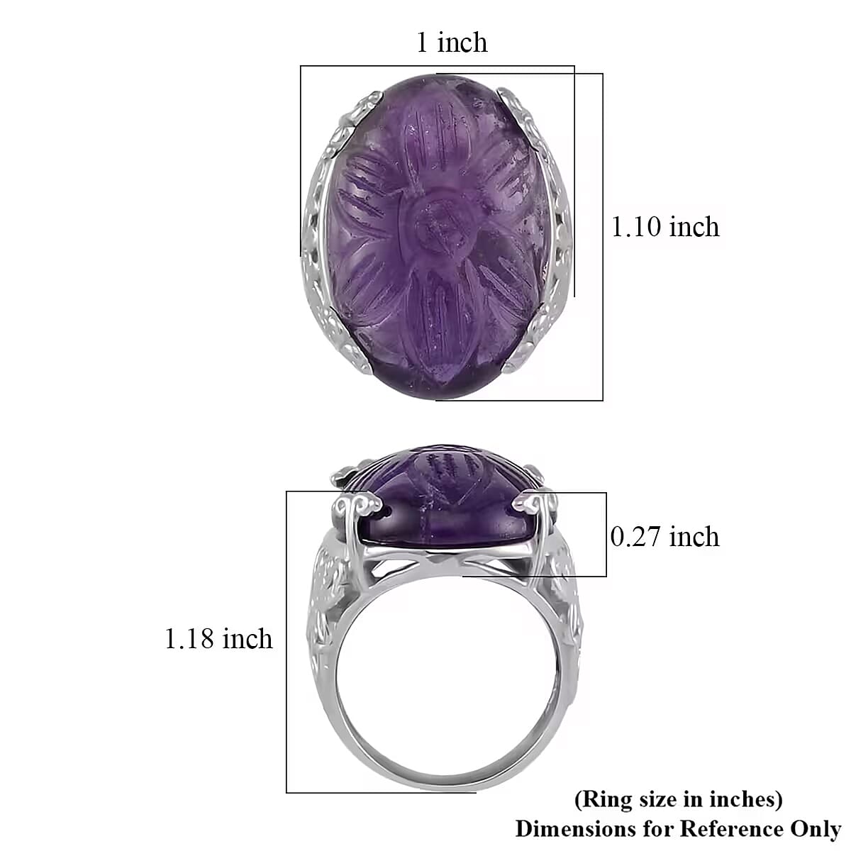 Hand Carved African Amethyst Dragon Flower Ring in Stainless Steel (Size 6.0) 5.00 ctw image number 6