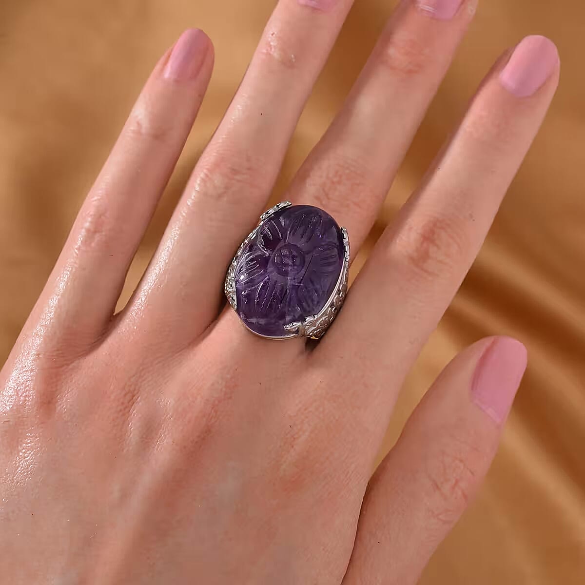 Hand Carved African Amethyst Dragon Flower Ring in Stainless Steel (Size 7.0) 5.00 ctw image number 7