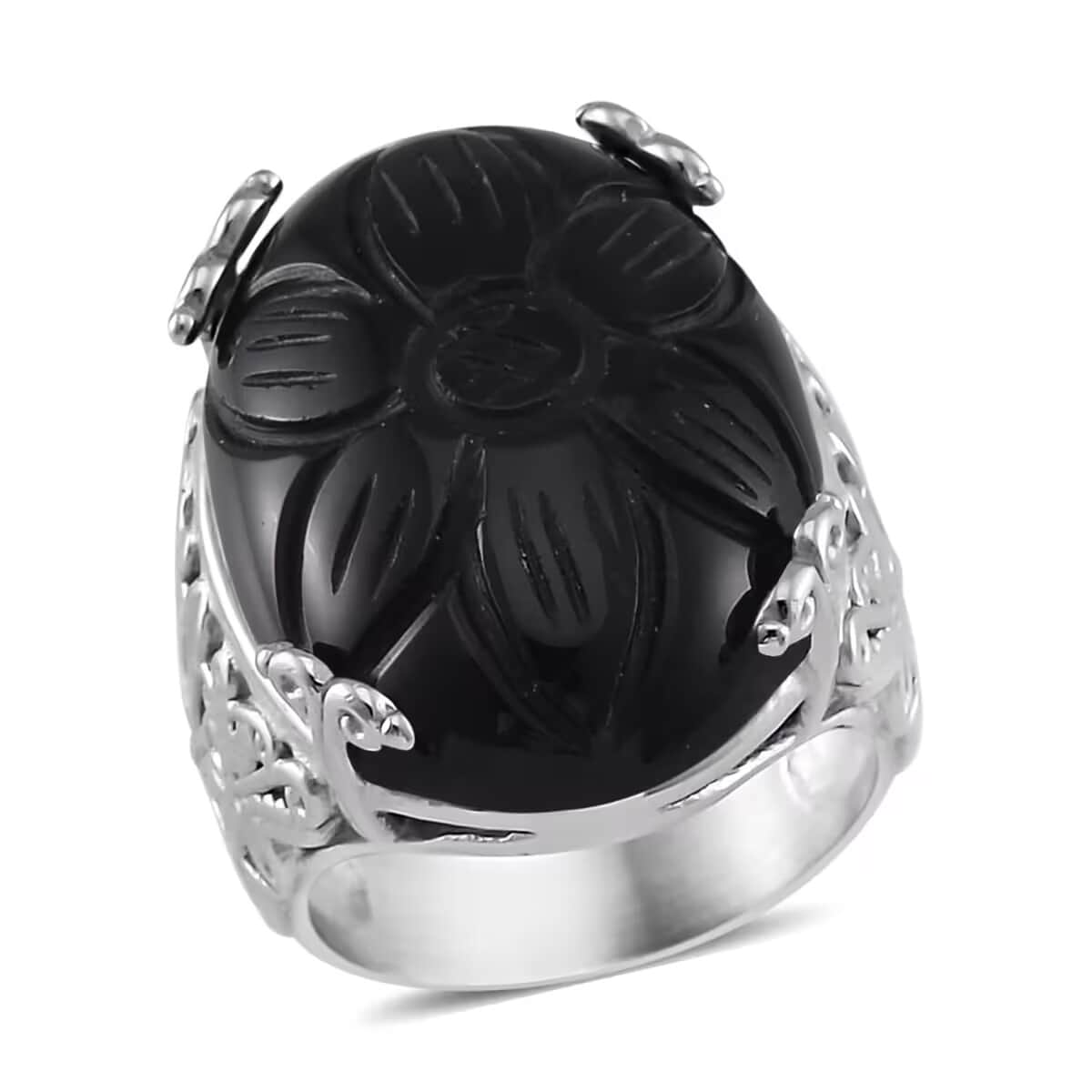 Black Onyx Carved Ring in Stainless Steel (Size 10.0) 5.00 ctw image number 0