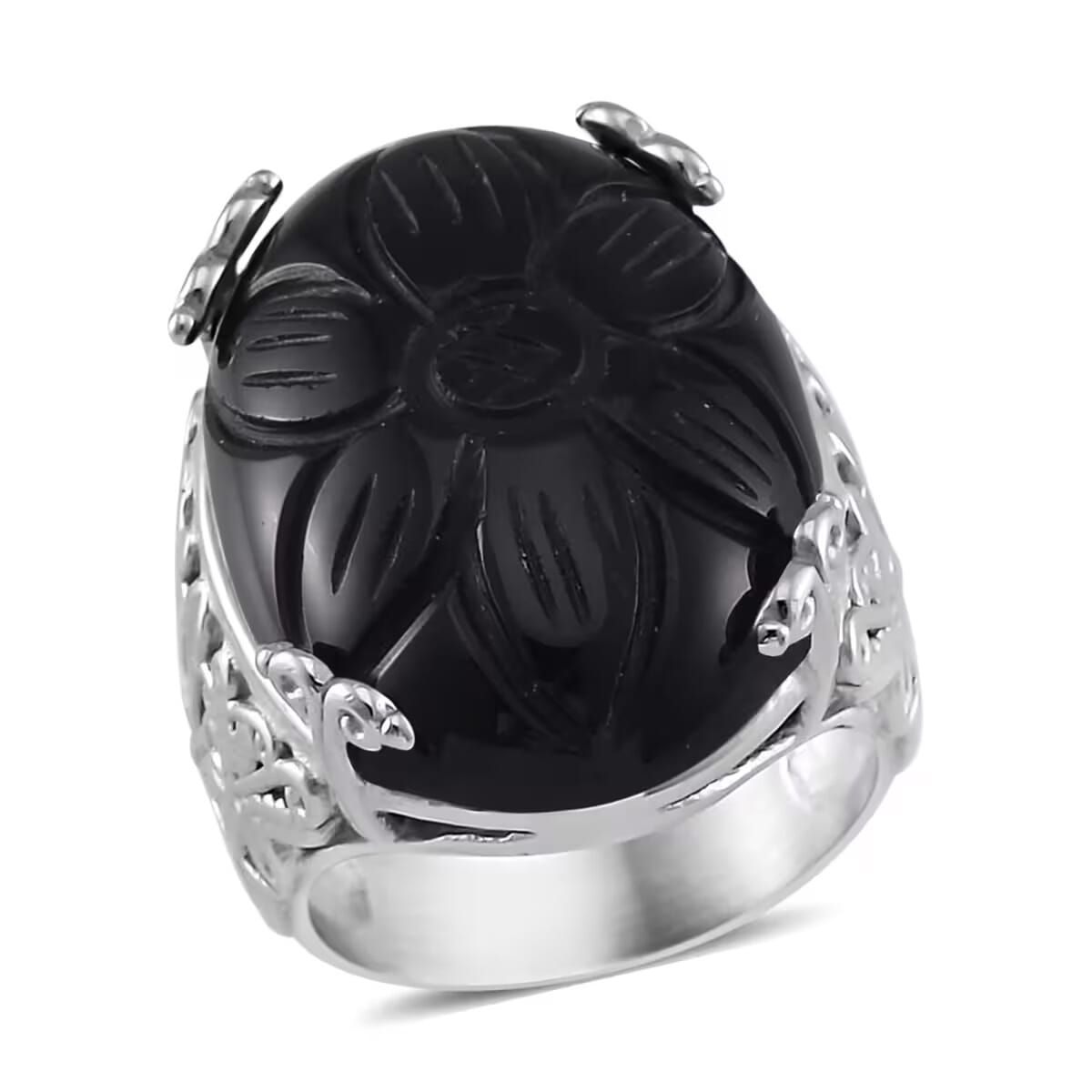 Hand Carved Black Onyx Dragon Flower Ring in Stainless Steel (Size 6.0) 5.00 ctw image number 0