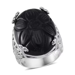 Hand Carved Black Onyx Dragon Flower Ring in Stainless Steel (Size 6.0) 5.00 ctw