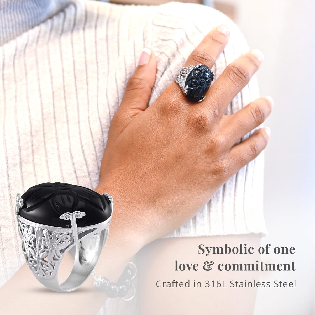 Hand Carved Black Onyx Dragon Flower Ring in Stainless Steel (Size 6.0) 5.00 ctw image number 2
