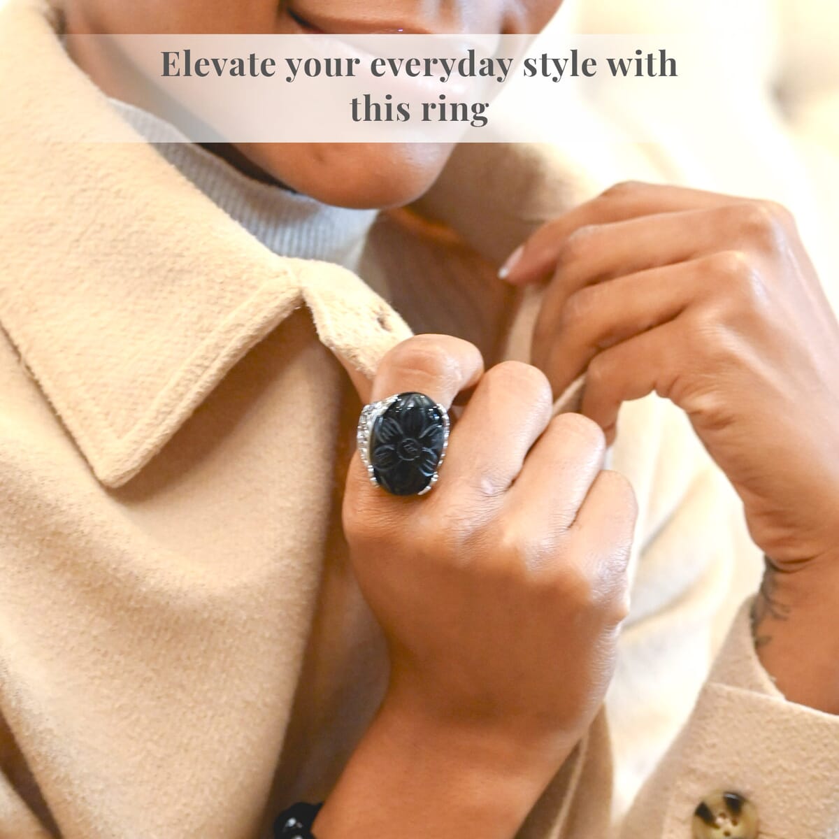 Hand Carved Black Onyx Dragon Flower Ring in Stainless Steel (Size 6.0) 5.00 ctw image number 3