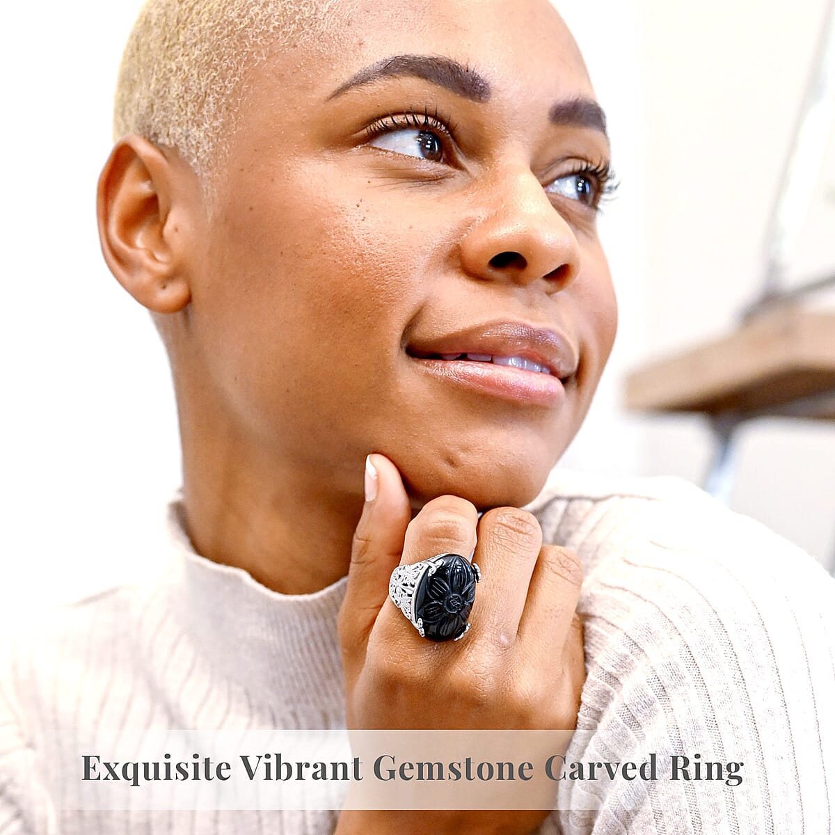 Hand Carved Black Onyx Dragon Flower Ring in Stainless Steel (Size 7.0) 5.00 ctw image number 1