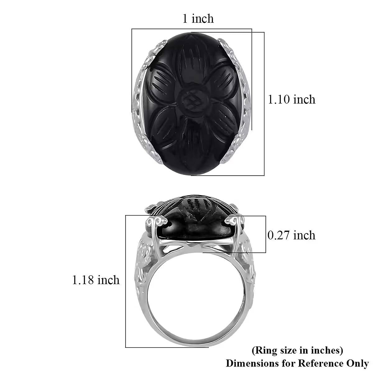 Hand Carved Black Onyx Dragon Flower Ring in Stainless Steel (Size 7.0) 5.00 ctw image number 6