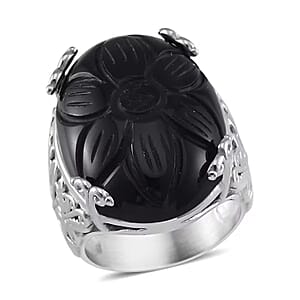 Hand Carved Black Onyx Dragon Flower Ring in Stainless Steel (Size 9.0) 5.00 ctw