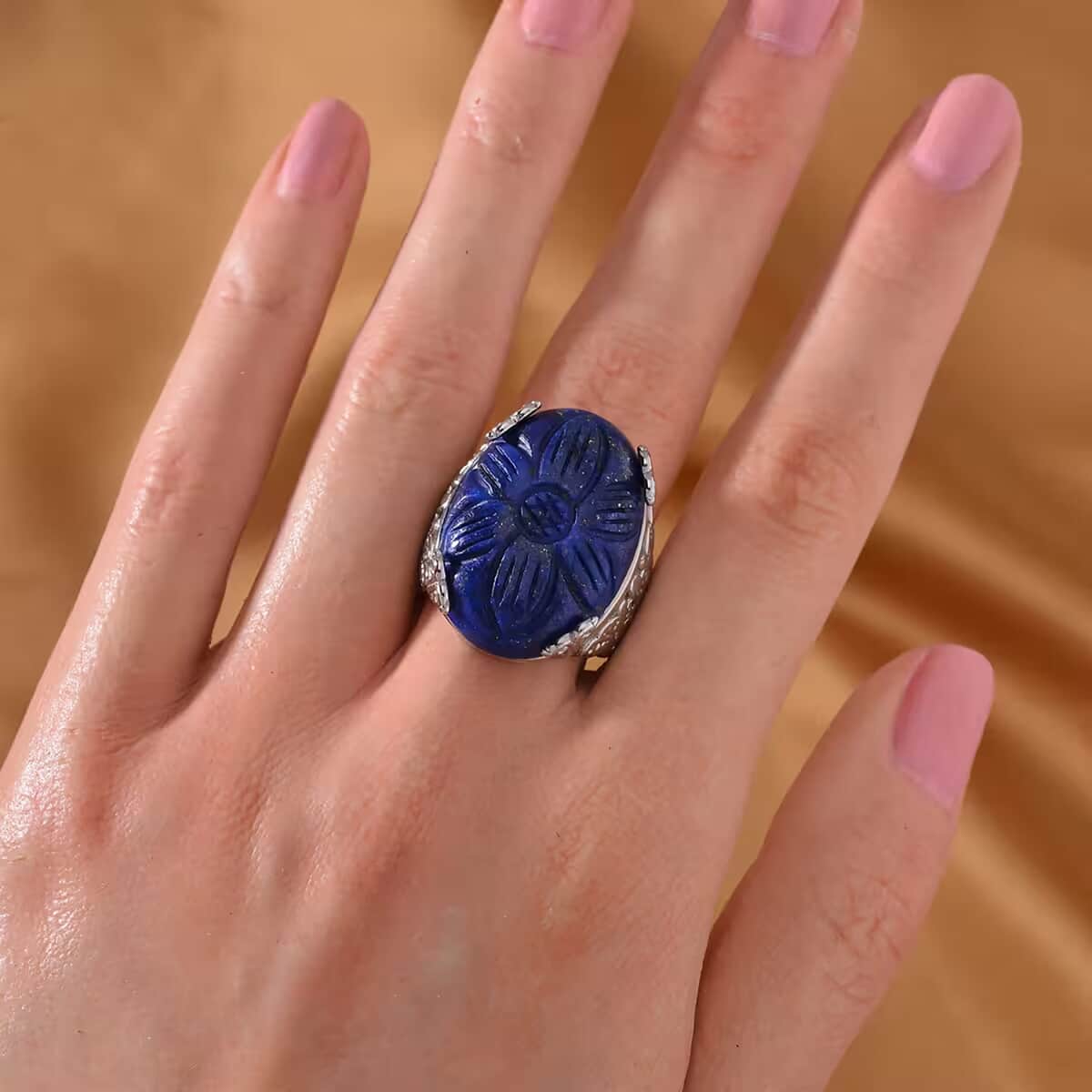 Lapis Lazuli Carved Ring in Stainless Steel (Size 10.0) 5.00 ctw image number 7