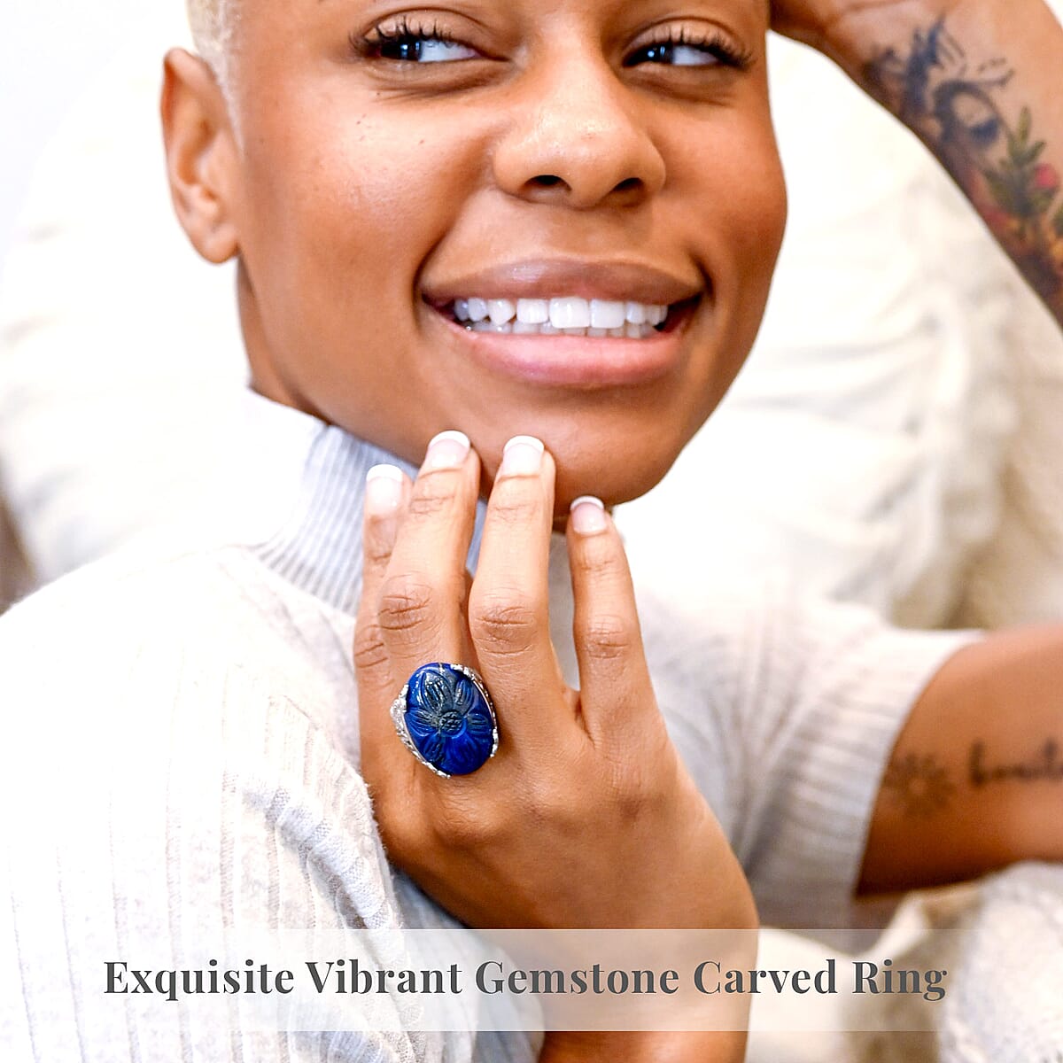 Hand Carved Lapis Lazuli Dragon Flower Ring in Stainless Steel (Size 6.0) 5.00 ctw image number 1