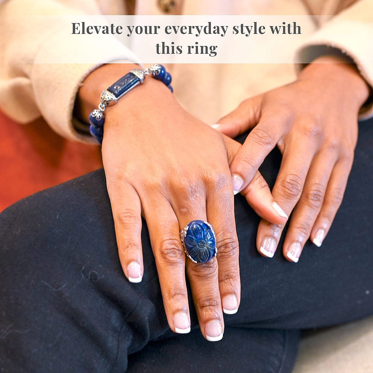 Hand Carved Lapis Lazuli Dragon Flower Ring in Stainless Steel (Size 7.0) 5.00 ctw image number 3