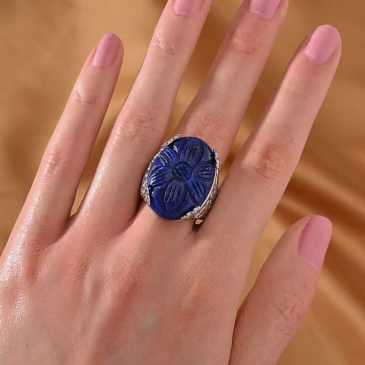 Hand Carved Lapis Lazuli Dragon Flower Ring in Stainless Steel (Size 7.0) 5.00 ctw image number 6