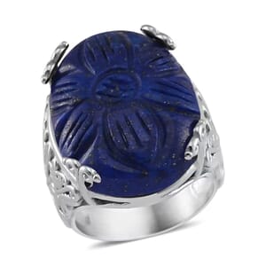Hand Carved Lapis Lazuli Dragon Flower Ring in Stainless Steel (Size 9.0) 5.00 ctw