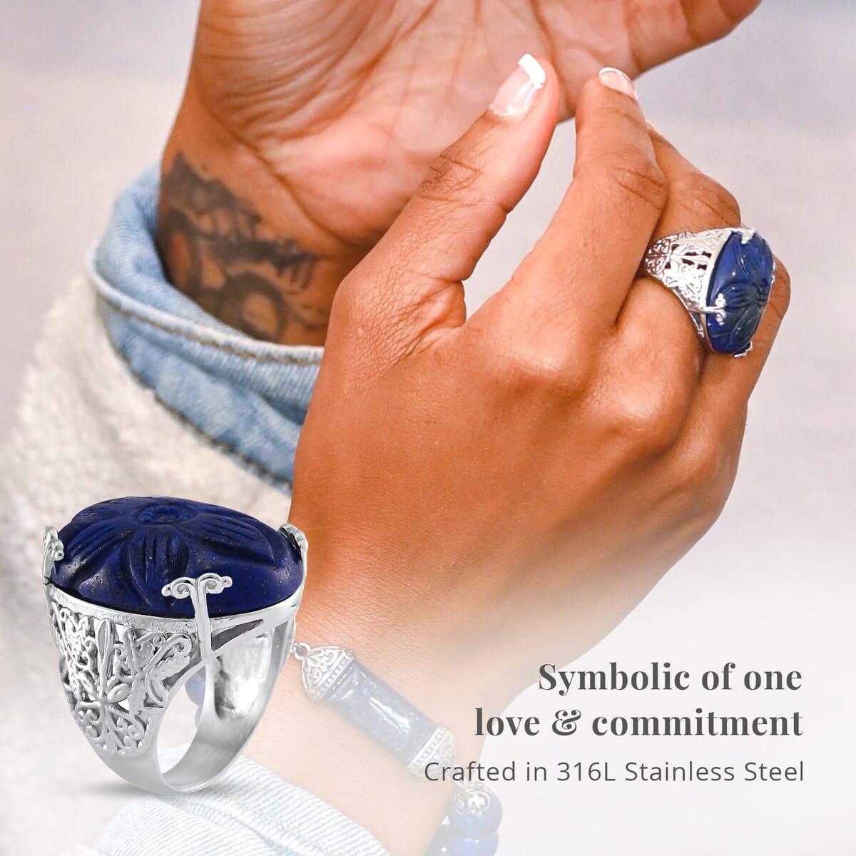 Hand Carved Lapis Lazuli Dragon Flower Ring in Stainless Steel (Size 9.0) 5.00 ctw image number 2