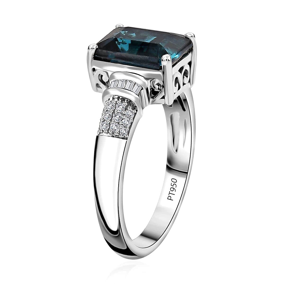 Certified & Appraised Rhapsody AAAA Monte Belo Indicolite and E-F VS Diamond 3.50 ctw Ring in 950 Platinum (Size 9.5) 6.30 Grams image number 3
