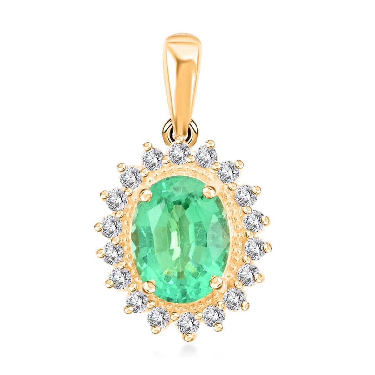 Iliana 18K Yellow Gold AAA Kagem Zambian Emerald and SI Diamond Sunburst Pendant 2.20 ctw image number 0
