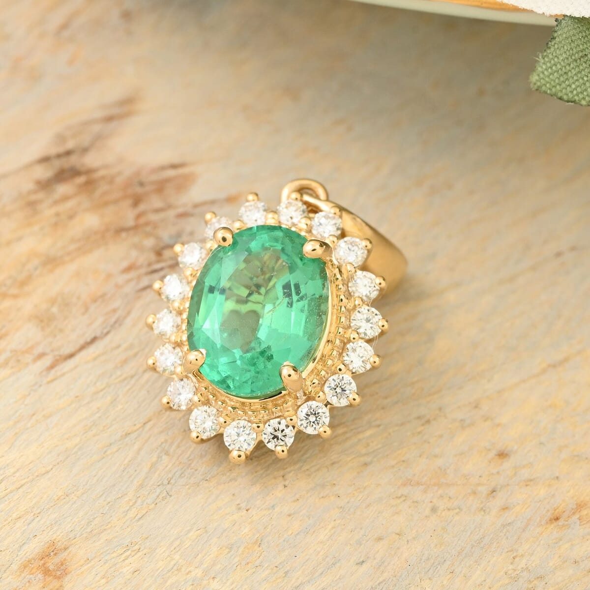 Iliana 18K Yellow Gold AAA Kagem Zambian Emerald and SI Diamond Sunburst Pendant 2.20 ctw image number 1