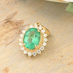 Iliana 18K Yellow Gold AAA Kagem Zambian Emerald and SI Diamond Sunburst Pendant without Chain 2.20 ctw