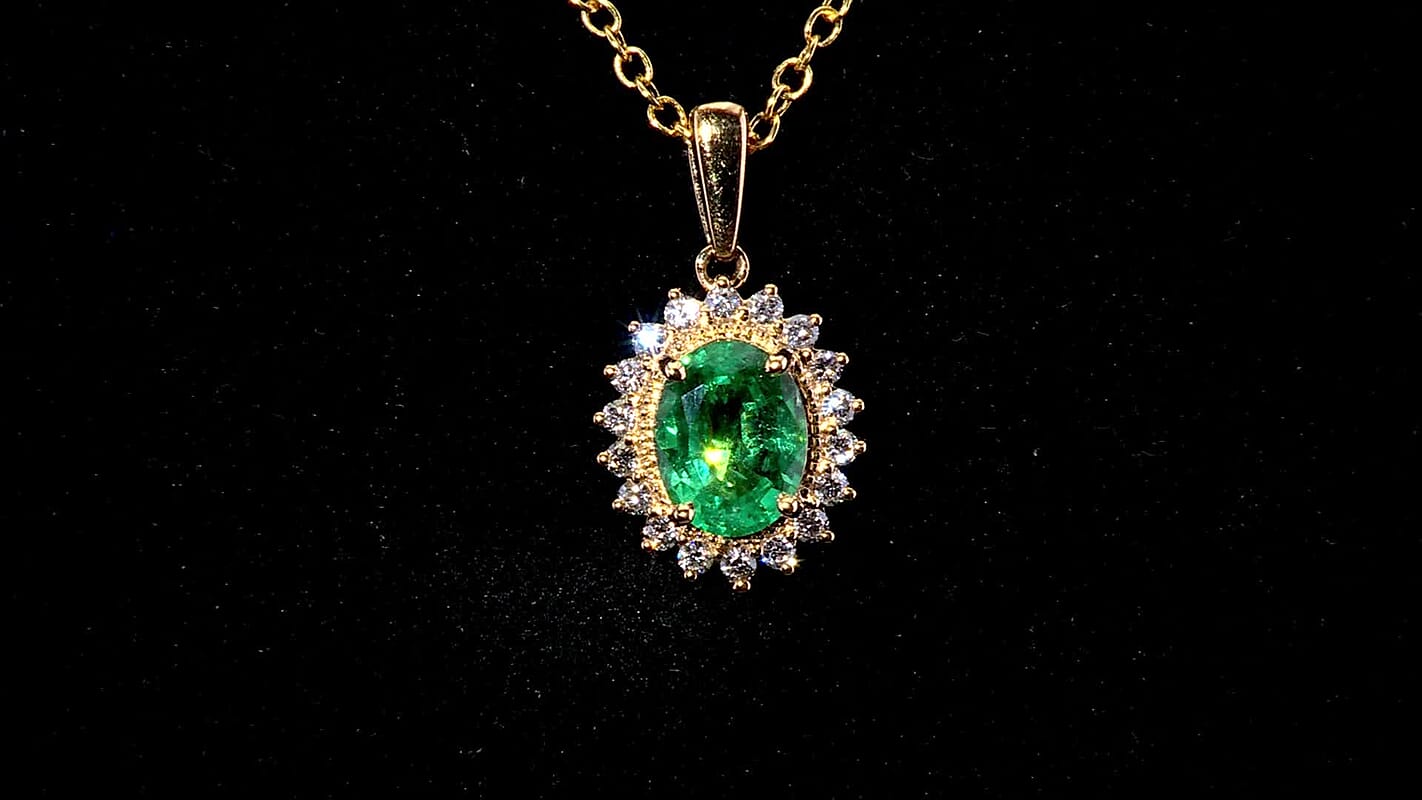 Iliana 18K Yellow Gold AAA Kagem Zambian Emerald and SI Diamond Sunburst Pendant without Chain 2.20 ctw