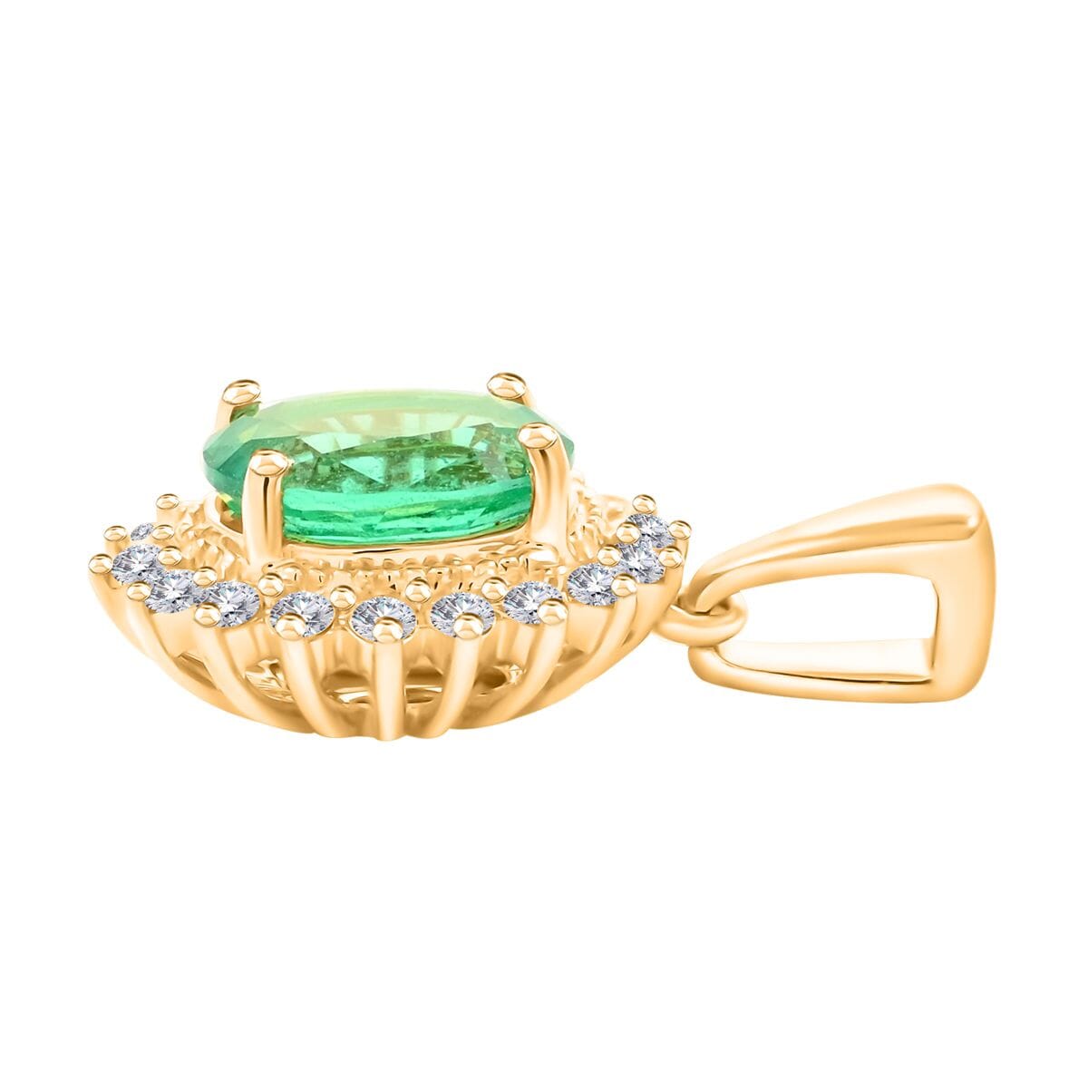 Iliana 18K Yellow Gold AAA Kagem Zambian Emerald and SI Diamond Sunburst Pendant 2.20 ctw image number 3