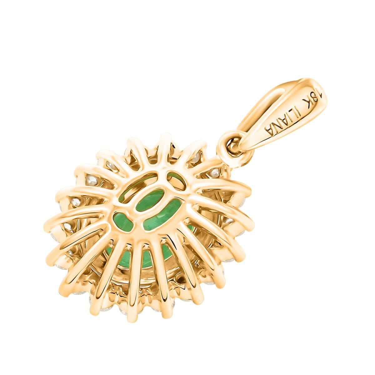 Iliana 18K Yellow Gold AAA Kagem Zambian Emerald and SI Diamond Sunburst Pendant 2.20 ctw image number 4