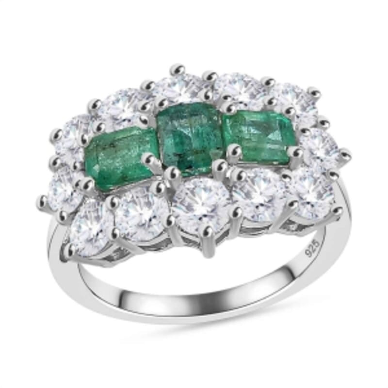 AAA Emerald and Multi Gemstone 3.71 ctw Ring in Rhodium Over Sterling Silver (Size 6.5)