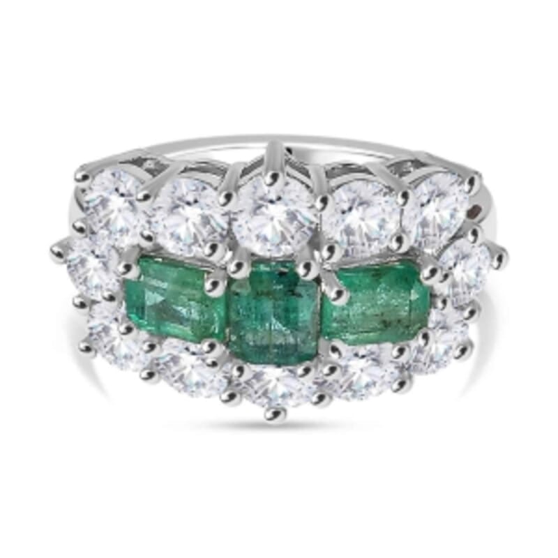 AAA Emerald and Moissanite 3.71 ctw Ring in Rhodium Over Sterling Silver (Size 10.0) (5.29 g)