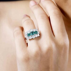 AAA Emerald and Multi Gemstone 3.71 ctw Ring in Rhodium Over Sterling Silver (Size 10.0) (5.29 g)