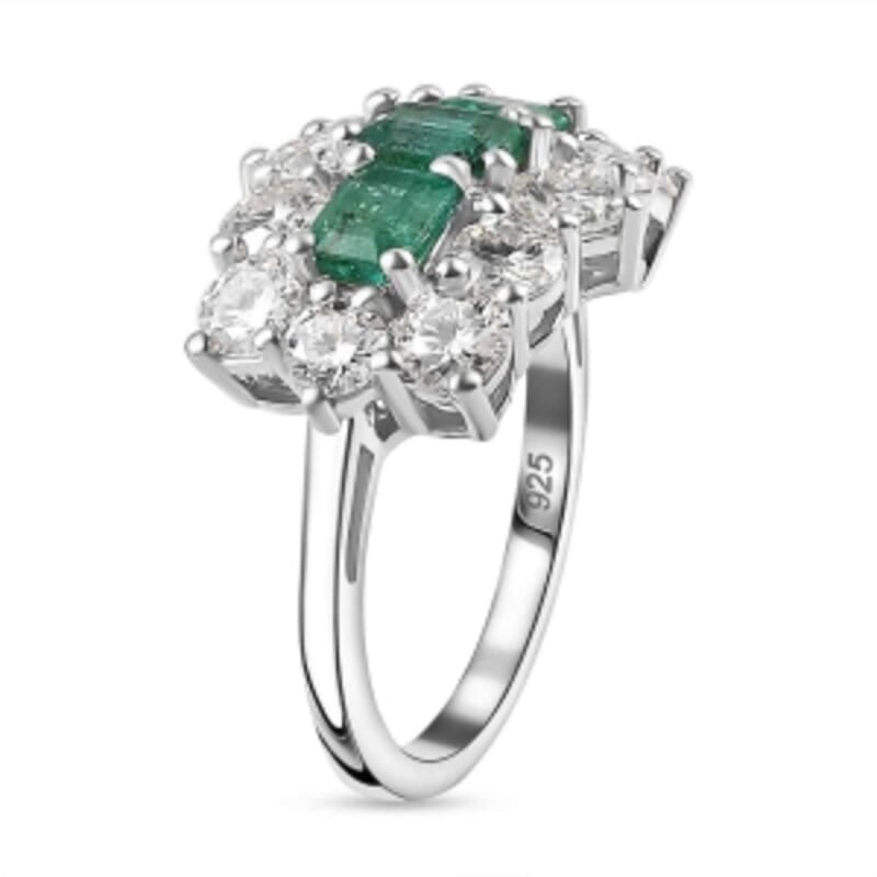 AAA Emerald and Moissanite 3.71 ctw Ring in Rhodium Over Sterling Silver (Size 10.0) (5.29 g)