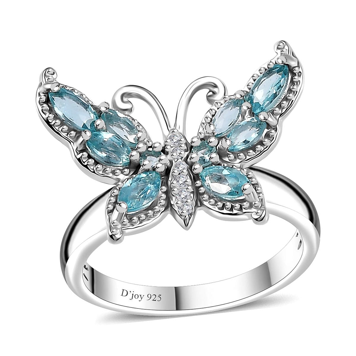 Betroka Blue Apatite and White Zircon Butterfly Ring in Rhodium Over Sterling Silver (Size 10.0) 1.25 ctw