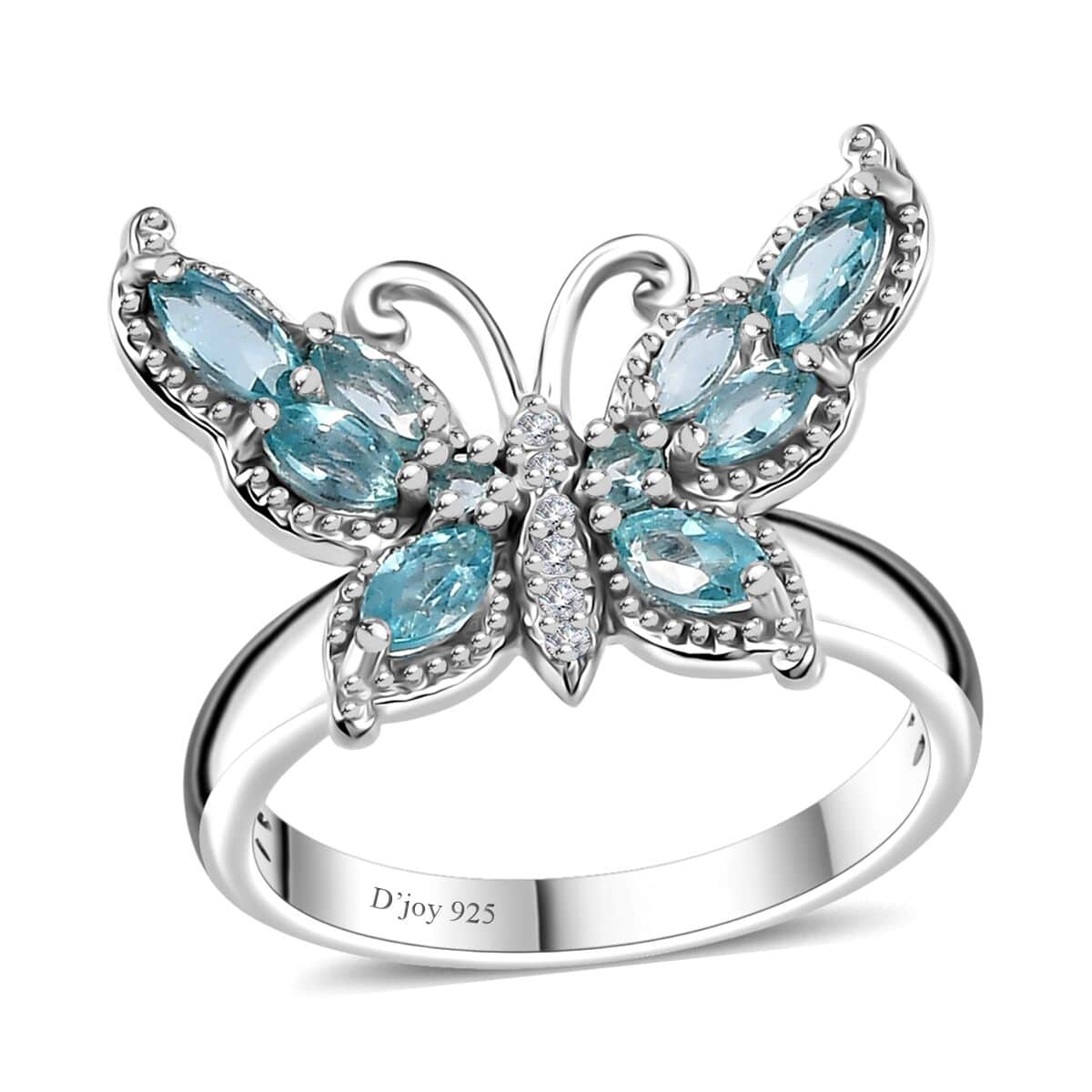 Betroka Blue Apatite, White Zircon Butterfly Ring in Rhodium Over Sterling Silver (Size 10.0) 1.25 ctw image number 0