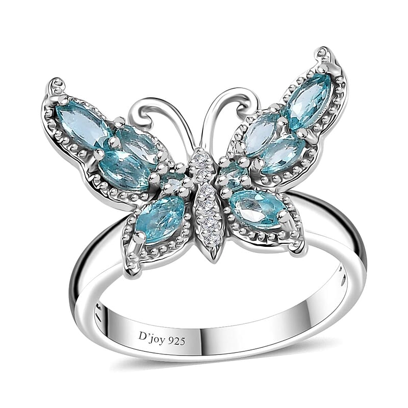 Betroka Blue Apatite and White Zircon Butterfly Ring in Rhodium Over Sterling Silver (Size 10.0) 1.25 ctw