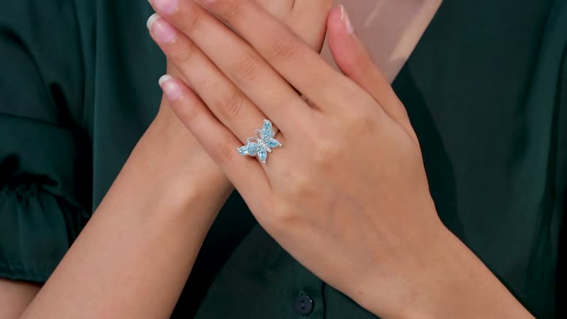 Betroka Blue Apatite, White Zircon Butterfly Ring in Rhodium Over Sterling Silver (Size 10.0) 1.25 ctw