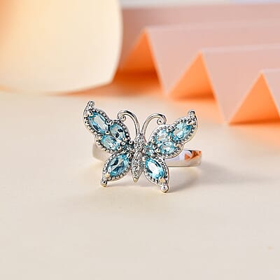 Betroka Blue Apatite and White Zircon Butterfly Ring in Rhodium Over Sterling Silver (Size 10.0) 1.25 ctw