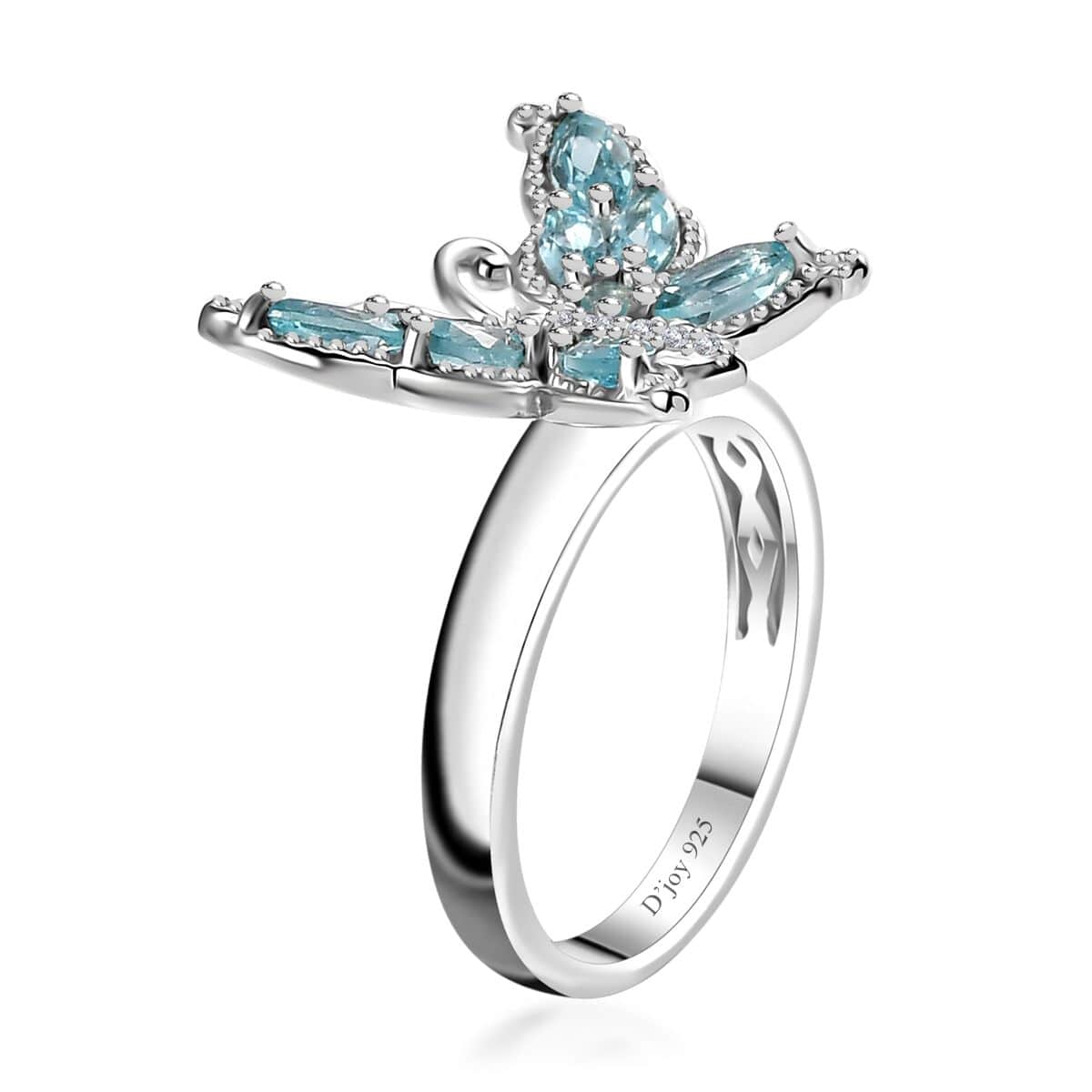 Betroka Blue Apatite, White Zircon Butterfly Ring in Rhodium Over Sterling Silver (Size 10.0) 1.25 ctw image number 3