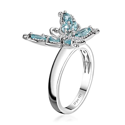 Betroka Blue Apatite and White Zircon Butterfly Ring in Rhodium Over Sterling Silver (Size 10.0) 1.25 ctw