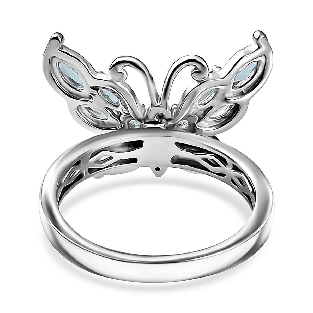 Betroka Blue Apatite and White Zircon Butterfly Ring in Rhodium Over Sterling Silver (Size 10.0) 1.25 ctw