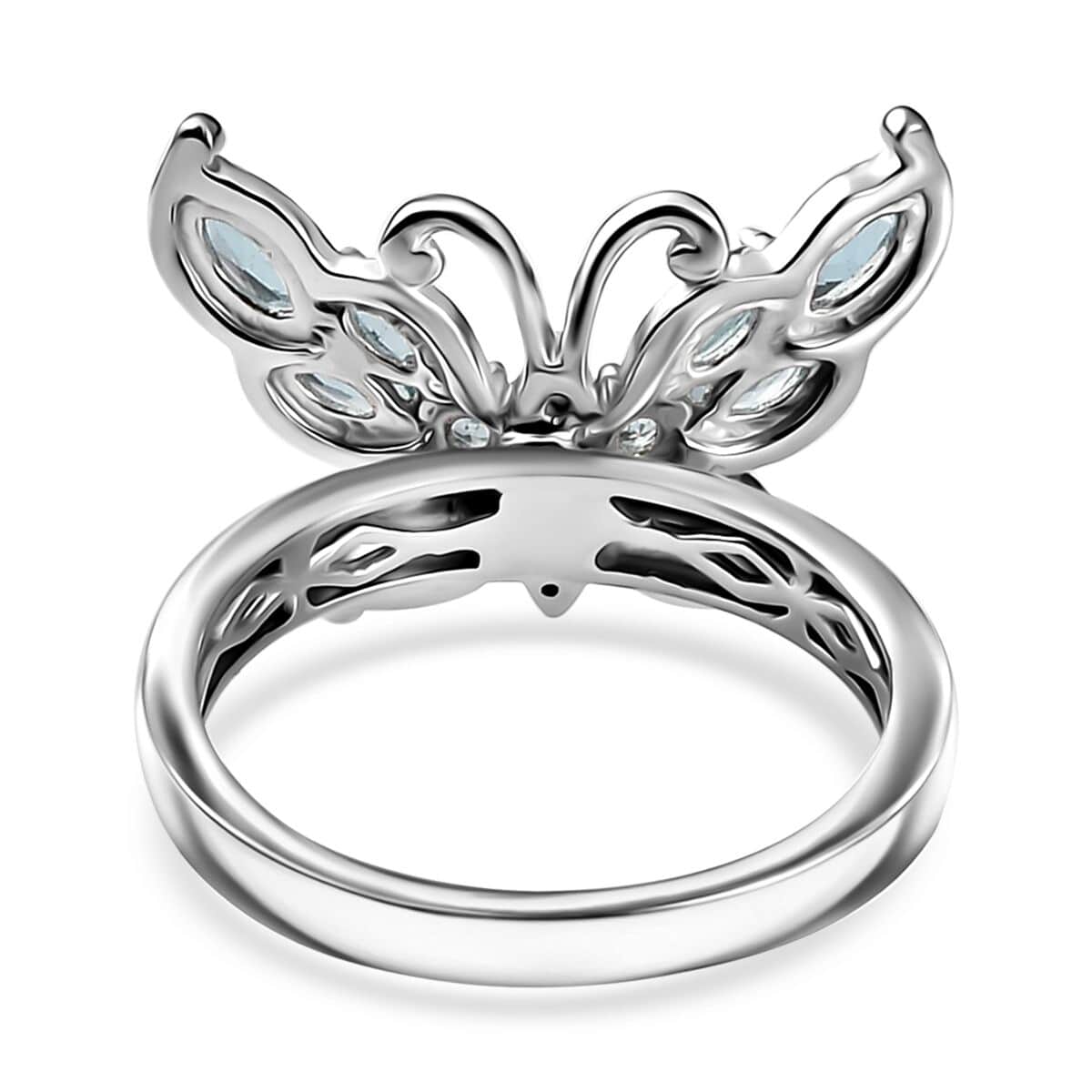 Betroka Blue Apatite, White Zircon Butterfly Ring in Rhodium Over Sterling Silver (Size 10.0) 1.25 ctw image number 4