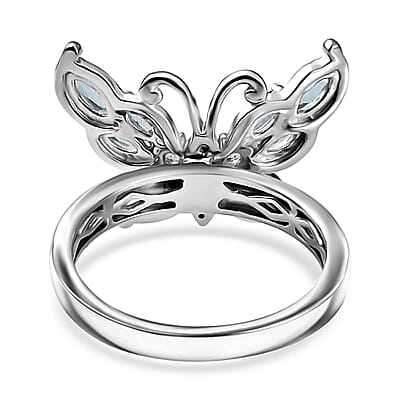 Betroka Blue Apatite and White Zircon Butterfly Ring in Rhodium Over Sterling Silver (Size 10.0) 1.25 ctw