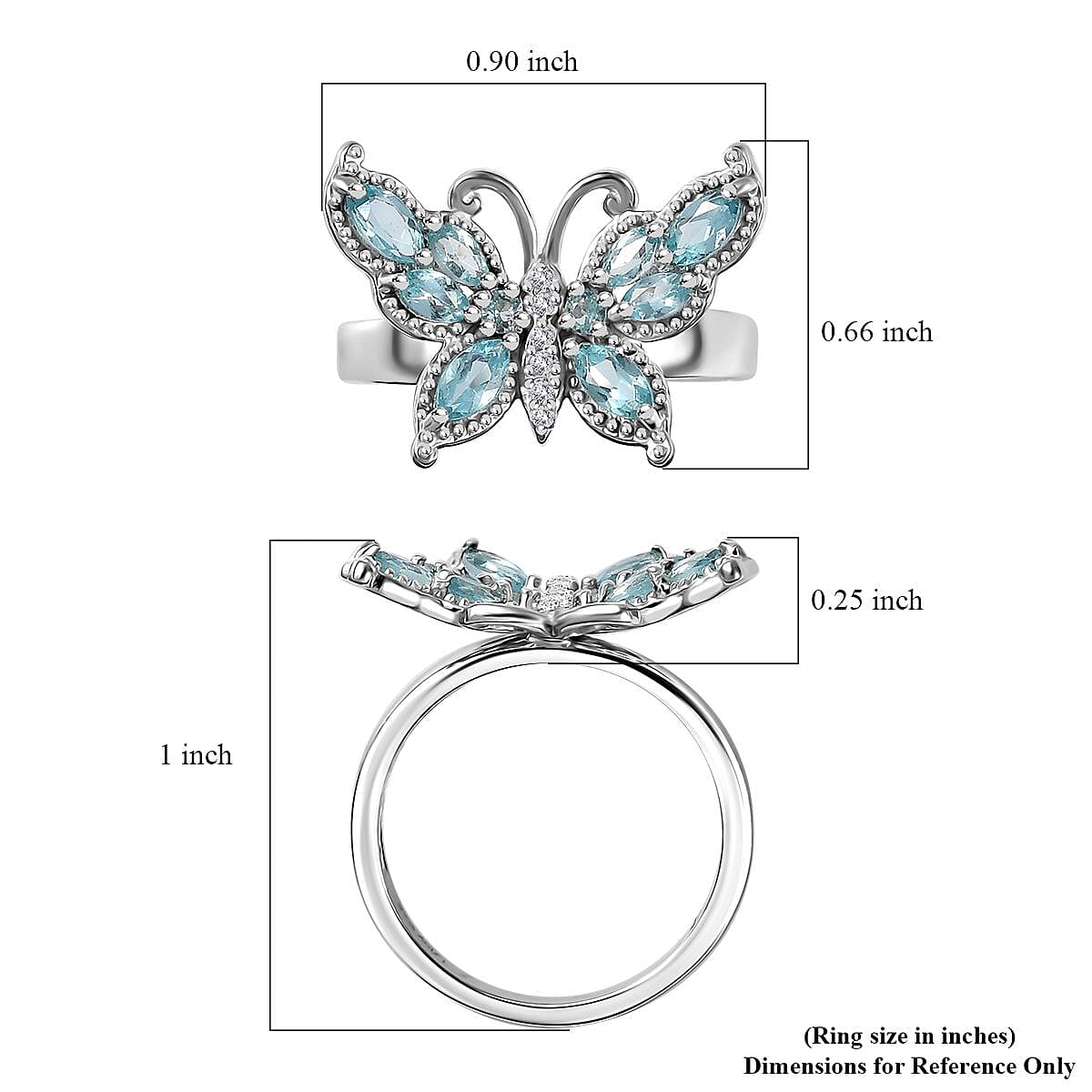Betroka Blue Apatite and White Zircon Butterfly Ring in Rhodium Over Sterling Silver (Size 10.0) 1.25 ctw